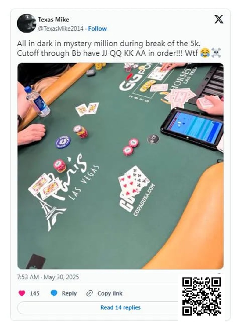 【APL扑克】WSOP的神奇时刻：Michael Moncek在盲注位全下，没想到身后有JJ、QQ、KK和AA