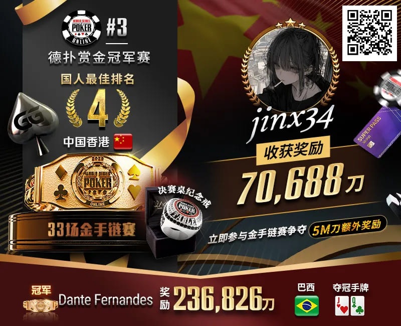 【APL扑克】WSOP线上金手链｜茅人及斩获赏金赛冠军！中国香港选手“jinx34”夺#4第四名佳绩