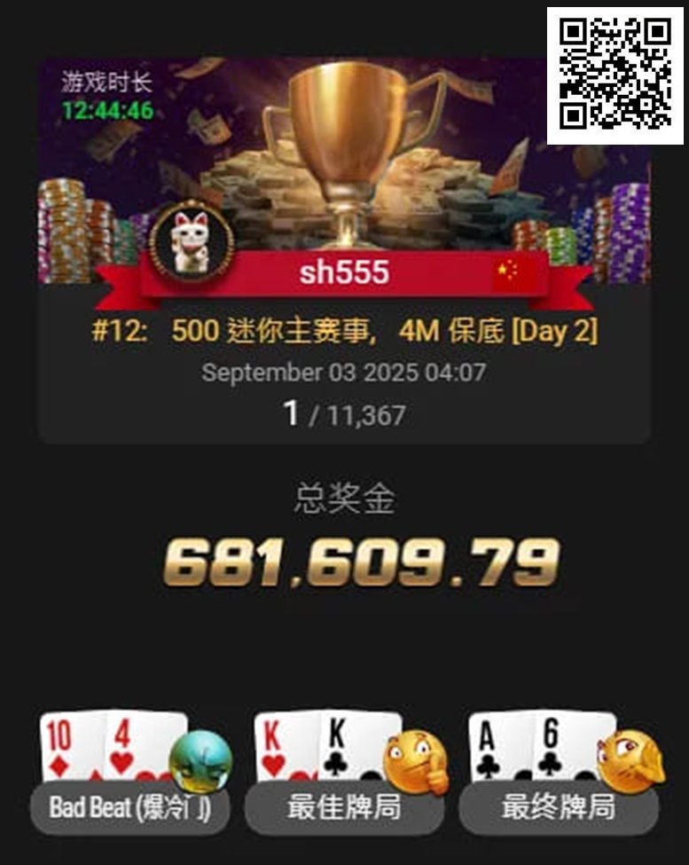 【APL扑克】国人首条金手链出炉！恭喜中国选手宋辉赢得线上WSOP迷你主赛冠军，奖励68W刀！