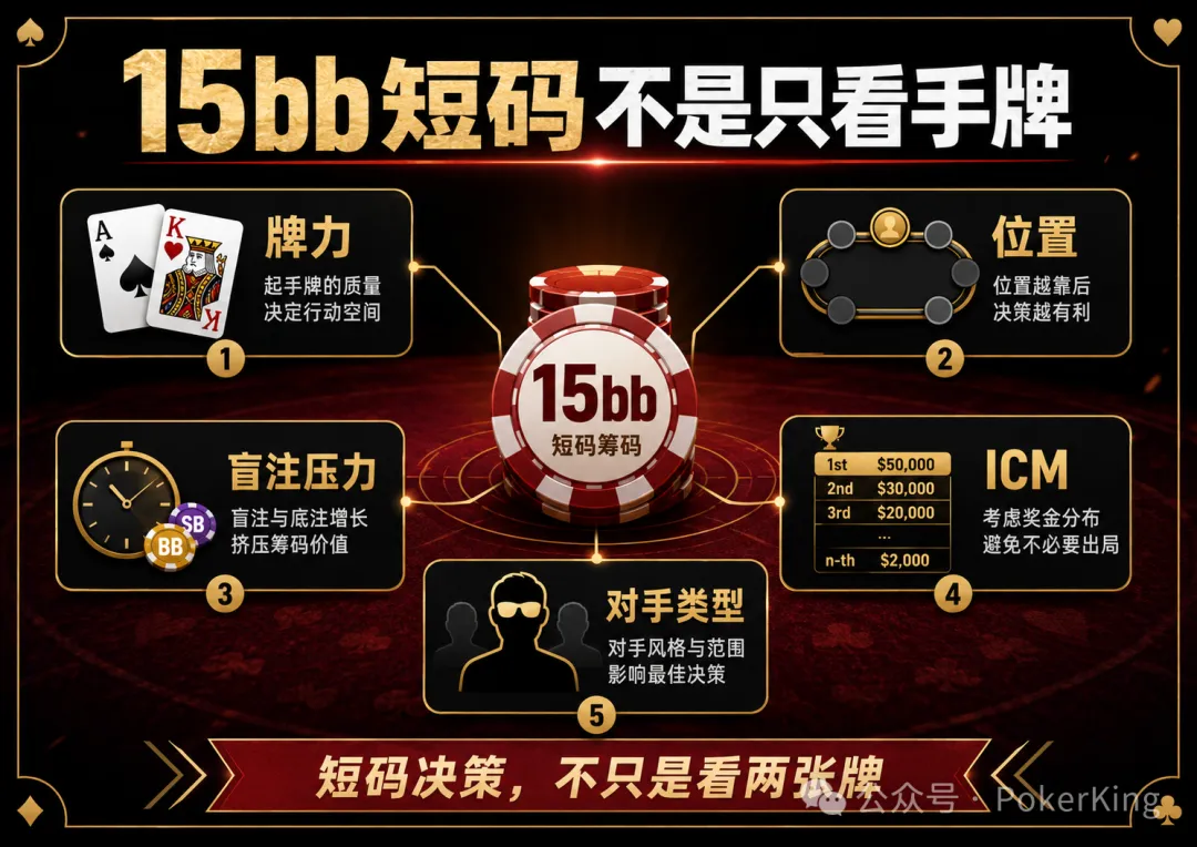 【APL扑克】决赛桌剩15bb拿到AK，推还是加注？短码决策不是看牌力，是看这五件事
